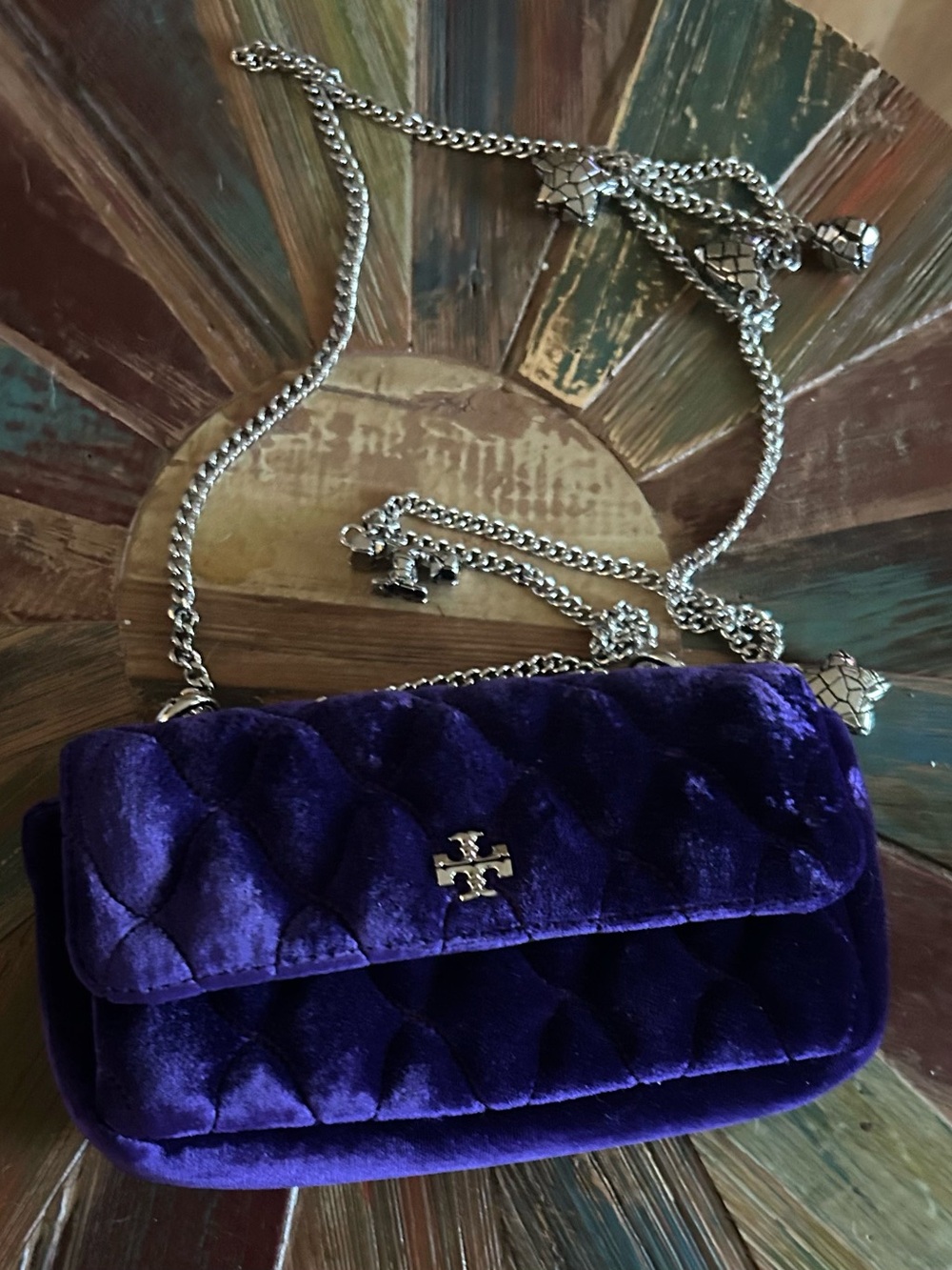 Tory Burch Quilted Velvet Crossbody in Deep Purple with Silver Chain - Picture 2 of 4